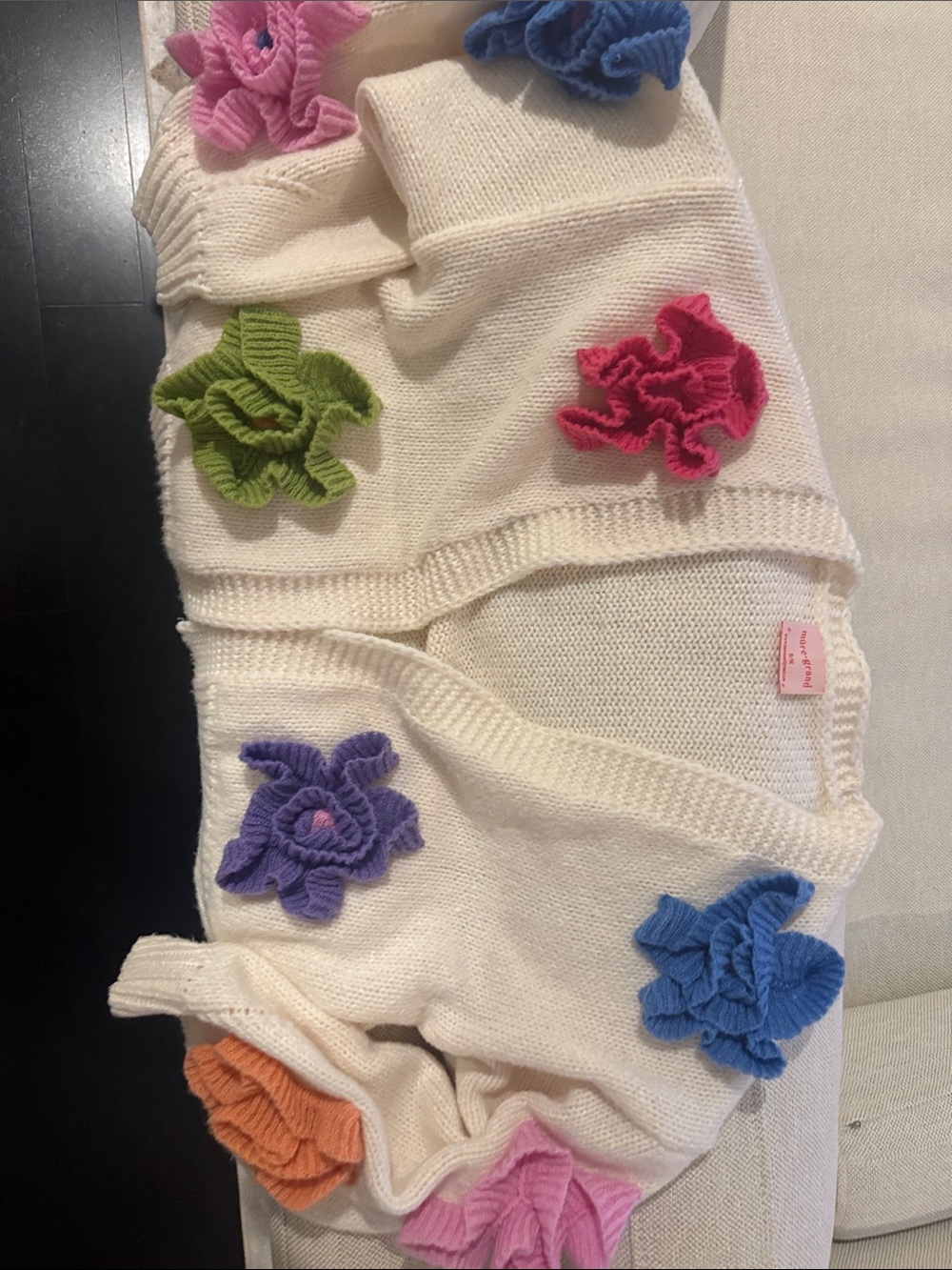 Cream Floral Appliqué Knit Cardigan - Women's